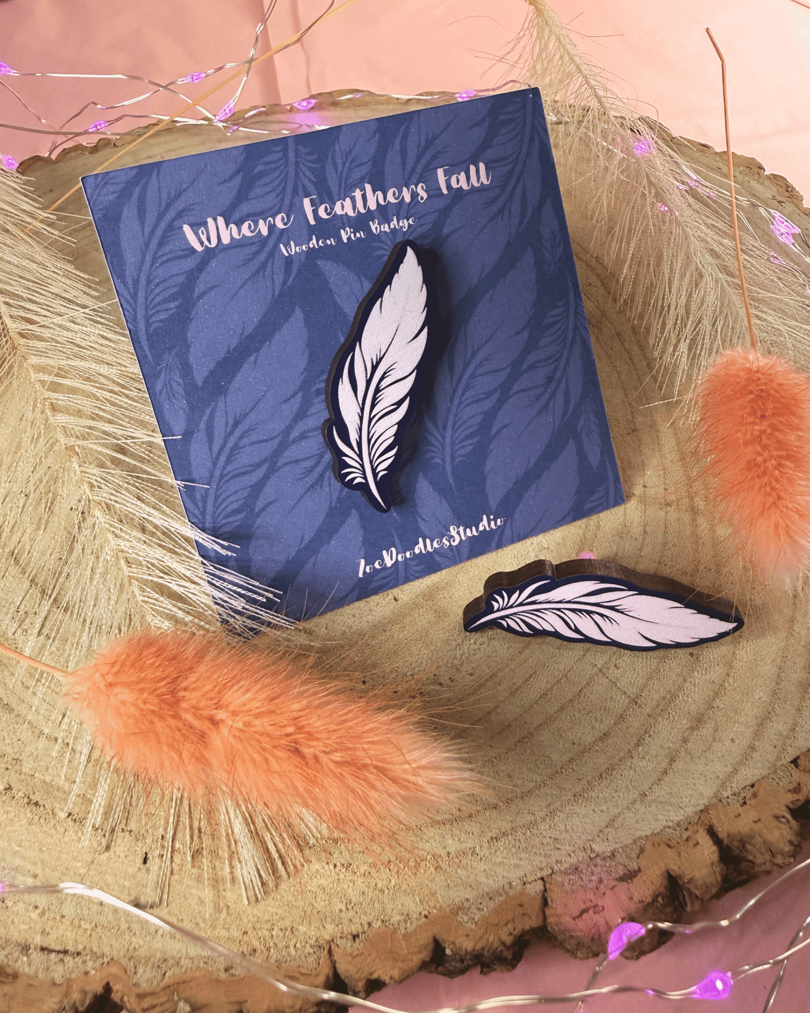 Where Feathers Fall Wooden Pin